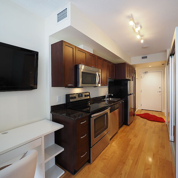 View+towards+kitchen+area+and+entrance Calgary studio Condo Unit for rent. Property photo: 442658-3