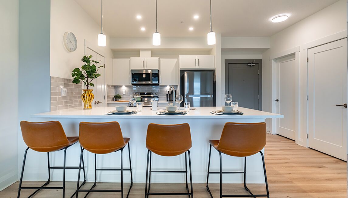 Kitchen+island Calgary 2 + Den bedrooms Condo Unit for rent. Property photo: 639802-1